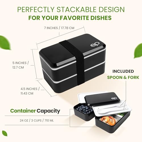 Eatingprimal Ep EP-BENTOBOX-BLCK-WHITE-HANDLE Stackable Bento Lunch Box thumb #1