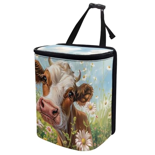 Image of Talayituse Daisy Cow Print Car Trash Can with Adjustable Straps, Foldable Car Trash Bag Bin Car Garbage Bag Multipurpose Storage Box for Vehicle Travel Camping Picnicing