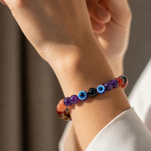 Image of Simha (Leo) Rashi Bracelet | Tiger's Eye, Carnelian, Pyrite, Sunstone,Amethyst, Evil Eye | Ideal For Career Growth & Recognition | Enhances Charisma, Confidence & Authority |For Men & Women