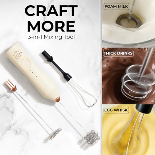 Image of Zulay Kitchen Rechargeable Milk Frother Handheld - Frother Wand, Drink Mixer, Electric Whisk Frother, for Cappuccinos, Matcha & Protein Powder - Dynamic 3 Whisk, 3 Speed 500mAh Cream Gold