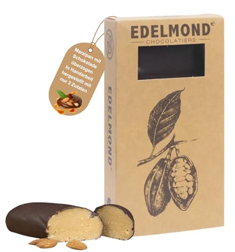Edelmond Naturell-Mandelbrot ohne zugesetzten Kristallzucker, nur Honig. Nur 3 Zutaten. Mit Zuckerfrei Schokolade überzogen, ein herber Marzipan Genuss