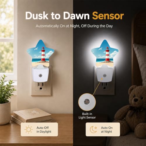 Image of Sea Lighthouse Star Night Light Plug in, Decorative Night Light for Kids Room Nursery Bedroom, Soft Glow Sensor Lamp for Hallway Bathroom, Compact Energy Saving