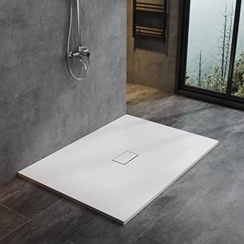 WITEN&NOCK Duschwanne 120x100 cm SMC Brausewanne Weiß Steinoptik Antirutsch Duschtasse Höhe 3,2 cm Niedrige Schwelle Extraflach Brausetasse