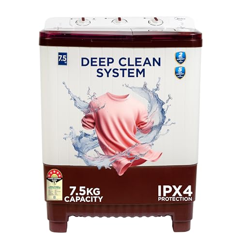 Image of Midea 7.5 kg 5 star Semi Automatic Top Loading Washing Machine, Maroon, Rust proof Body, Air Dry Function (MWMSA075PPG(MW), Rat Away Feature)