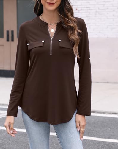 Image of LuckyMore Women's 3 /4 Sleeve Tops Cuffed Zip V Neck Business Casual Work Blouses Tunic Shirts