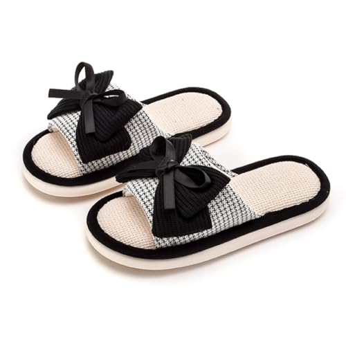 Women's Memory Foam Open Toe Slide Slippers with Cute Bow, Slip-on House Shoes, Summer Linen Slippers Indoor Outdoor