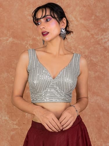 Image of FIGURE'S DESIGNER Women's Sequin Embroidered SabyaSachi Cut Sweetheart V Neck Sleeveless Readymade Saree Blouse E30