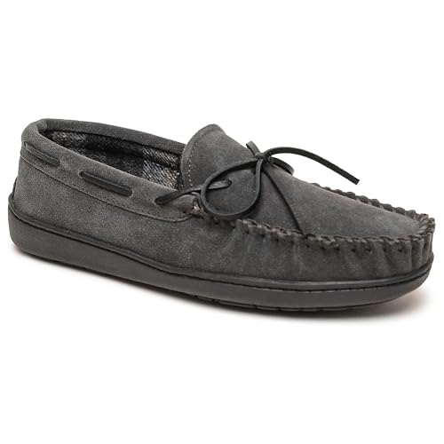 Image of Minnetonka Plaid Lined Hardsole - Moccasin Slippers for Men Made with Suede Upper, Rubber Sole, Plush Interior, Fleece Lining, Rawhide Lace, and Traditional Moccasin Design