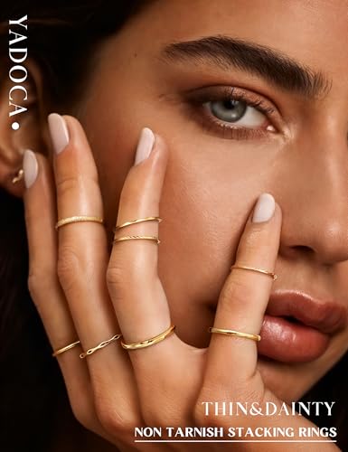 YADOCA 8Pcs 1MM 2MM Stainless Steel Rings for Women Men Minimalist Fashion Dainty Plain Thin Knuckle Stacking Midi Thumb Rings Stackable Statement Band Rings Set Silver Gold Tone Size 4-122