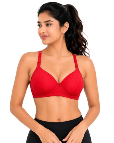 Image of Women's Cotton Rich Padded Wire-Free Everyday Bra, Seamless Self-Stripe Full Coverage T-Shirt Bra (Red)