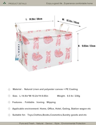 Image of Rectangular Pink Ballerina Closet Storage Bin | Damp resistant canvas fabric, sturdy stitched carry grips, space-saving holder arranges bedroom and vanity daily supplies