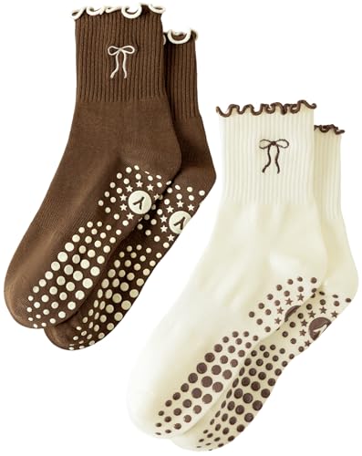Image of Yawlsow Cute Ruffle Pilates Grip Socks, Crew Grippy Socks Women Non Slip | Frilly Yoga Socks for Women Cotton Athletic Sticky Embroidery for Barre Workout Reformer, US 5-10