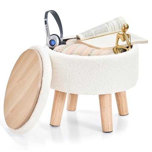 Image of Poofzy Small Ottoman with Storage, Small Foot Stool Ottoman with Wood Legs, Sherpa Foot Rest for Couch, Living Room and Bedroom - White