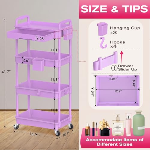 Image of Goovilla Rolling Makeup Organizer Cart with Removable Drawer, 4 Tier Stable Purple Floor Skincare Storage Cart for Vanity, Cosmetic Display, Nail Polish, Perfume, Hair Stuff, Beauty, Bathroom(Plastic)