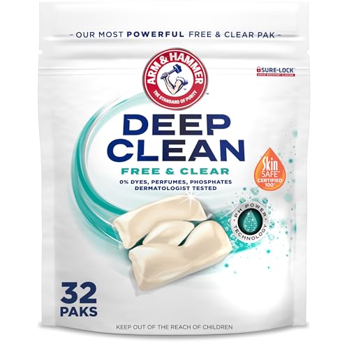ARM & HAMMER Deep Clean Free & Clear Laundry Detergent Power Paks, Free of Dyes and Perfumes, Dermatologist Tested, 32 Count