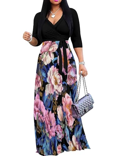 Image of PinkPatty Plus Size Dresses for Curvy Women V Neck Flowy Long Sleeves Wrap Maxi Dress Travel Vacation Outfits