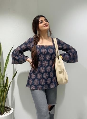 Image of ANNI Designer Women's Viscose Blend Printed Short Kurti | Straight Fit Casual Ethnic Top | Square Neck Full Sleeve Kurta Office College