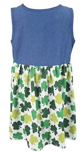 Image of Unique Baby Girls Sleeveless Denim Dress with Knot Tie and Fun Print for Toddler and Big Kids