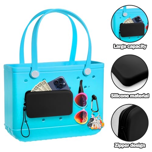 Image of Mity rain Silicone Wallet for Bogg Bag Phone Holder | Accessories Set for Bogg Bag Contain 2PCS Key Holder and Large Capacity Silicone Zipper Bag for Beach Bags Tote Bag (Black)