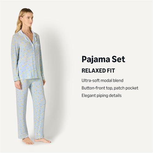 Image of Amazon Essentials x Sofia Grainge Women's Stretch Modal Long-Sleeve Button-Front Top and Full-Length Bottom Pajama Set