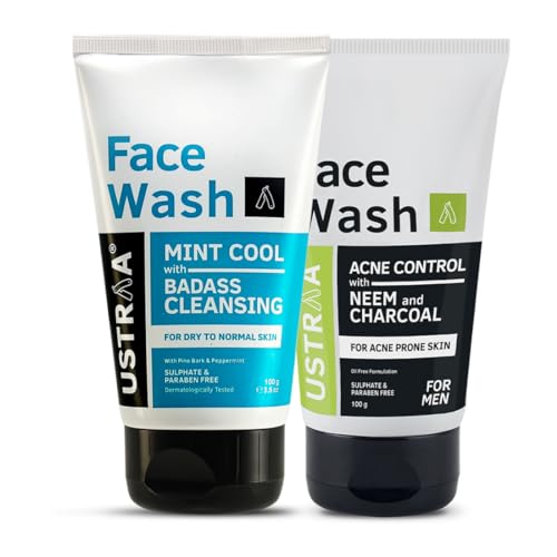 Image of Ustraa Face Wash - Mint Cool - Dry Skin - 100g | Reduces Moisture Loss | Removes Dirt & Face Wash Acne Control - With Neem & Charcoal - 100g - Oil control, Prevents Acne