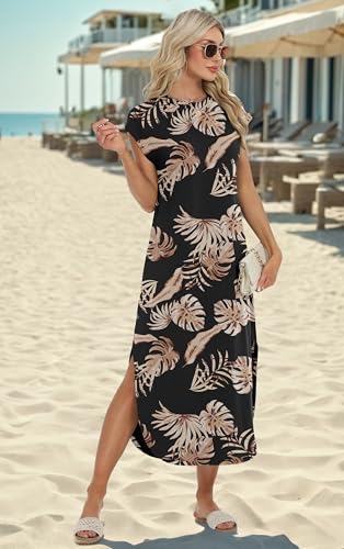 Image of HiMONE Beach Vacation Dresses for Women 2025 Sundress Cap Sleeves Casual Maxi Beach Dress with Pockets XS-2XL