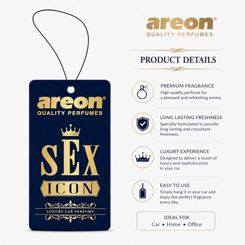 Image of AREON VIP Hanging Car Air Freshener Pack of 3 - Premium Car Perfume with Natural Fragrances, Stylish Hanging Cards Long Lasting Auto Air Freshener for Car, Home, Office & Vehicle Interior - SEX ICON