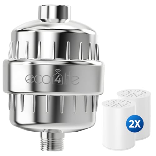 eco4life Shower Filter - 25 Stage Shower Head Filter for Hard Water, Removes 99% of Chlorine & Heavy Metal, Improves Skin & Hair, Built-In Turbine Fan, Fits Most Bathroom, Bathtub Showers (2 Filters)