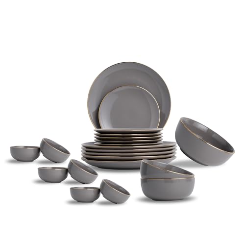 Image of Shay Grey Gold Ceramic Dinner Set, 21 Pieces, Goldline Series | Crockery Set for Dining Table | Crockery Set for Gifting & Dining Glossy Finish | Premium Ceramic (Grey Gold, 21 Pieces)