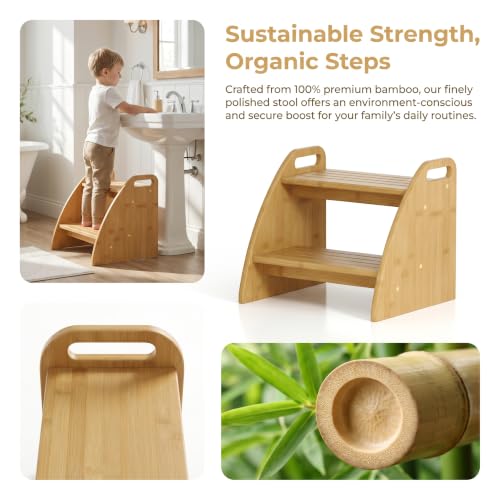 Image of Bamboo 2 Step Stool 300lbs Capacity, Wooden Two Step Stool with Non-Slip Handles, Heavy Duty Stepping Stool for Bedside High Beds Adults, Sturdy Small Bathroom Kitchen Wooden Step Stool