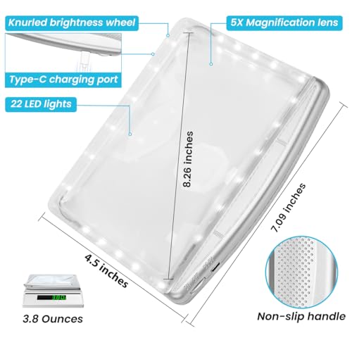 Image of Rechargeable 5X Magnifying Glass for Reading, Large Bright Full Page Magnifier with Light, Handheld LED Dimmable Lighted, Lightweight Book Magnifier for Reading Small Prints Seniors - Silver