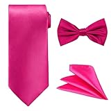 WedDecor Men's Solid Neck Tie, Bow Tie & Handkerchief Set For Wedding Party, Casual Classic Ties & Pocket Square Handkerchief Hanky Sets Gifts Necktie for Men, Hot Pink