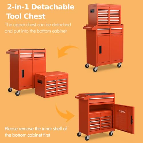 HOMFME Rolling Tool Cabinet, 2 in 1 Detachable Tool Chest with Drawers, Wheels, Hooks, Side Handle, Lockable Metal Tool Box Cart Trolley for Garage Workshop (Orange) 4 HOMFME Rolling Tool Cabinet, 2 in 1 Detachable Tool Chest with Drawers, Wheels, Hooks, Side Handle, Lockable Metal Tool Box Cart Trolley for Garage Workshop (Orange) - Image 4