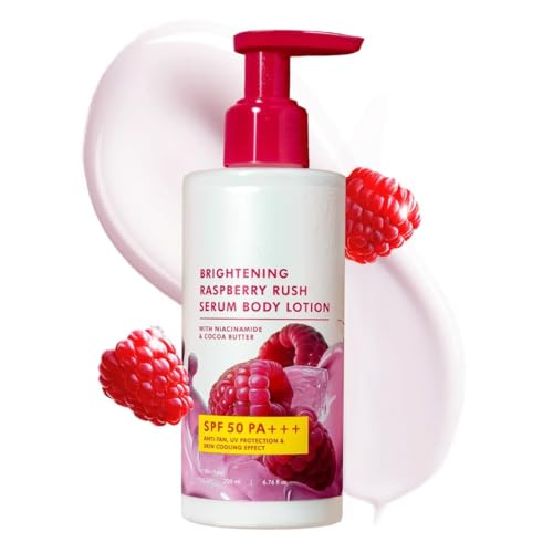 Brightenin.g SPF 50 PA+++ Body Sunscreen Lotion | Instant Cooling, De-tan Body Lotion with Vitamin C Rich Raspberries & Niacinamide | Lightweight, Non-sticky Sun Protection - 200ml