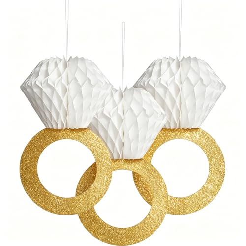 Image of HASTHIP Glitter Gold Diamond Ring Honeycomb Ball, 3 Pack Paper Engagement Decoration, Hanging Ornament for Wedding Bridal Shower Sangeet Haldi Photo Booth Props Diamond Ring Honeycomb Decor