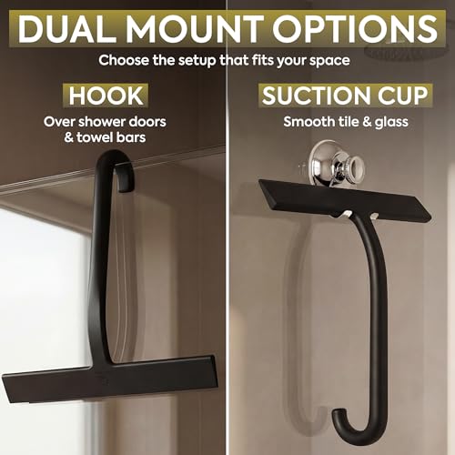 Image of GUTEWERK Shower Squeegee for Glass Doors - Bathroom Squeegee for Shower Glass & Tile Walls, Streak-Free & No-Squeak Silicone Blade, Stainless Steel Core, Hang Hook + Suction Cup, Black, 10 Inch