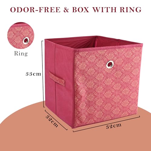 Image of Urbane Home Storage Box | Foldable Square Storage Box with Ring | Golden Print | Cloth Organiser for Wardrobe | Non-Woven | Cupboard Organizer | Ideal for Toys, Books, Shoes | Maroon