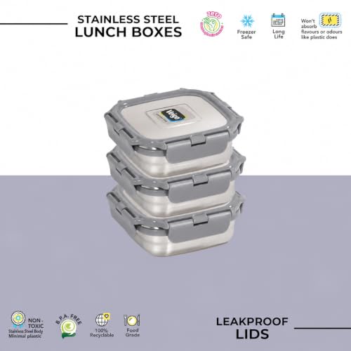 Image of Veigo Original Set Pack of 3 Stainless Steel Airtight & Leakproof Medium Lunch Box with Silicon Ring & Polymer Frame for Re-Heating|Safe Lid Lock|Square (330ML) Grey