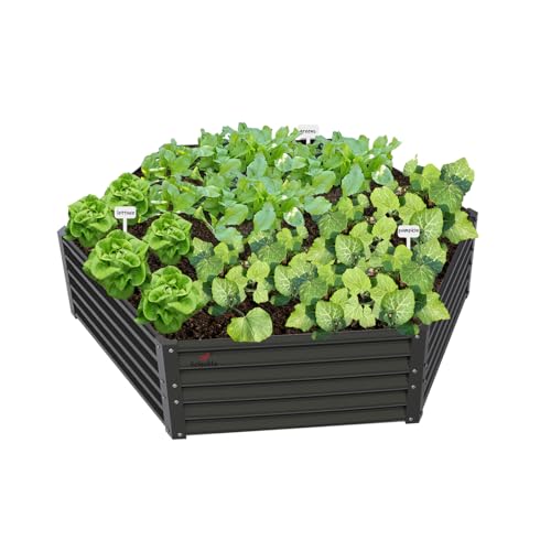A ANLEOLIFE Hexagon Galvanized Metal Raised Garden Bed Outdoor, 70x60x18in Deep Metal Planter Box for Flowers, Herbs & Vegetables, 18'' Tall Decorative Raised Bed, Quartz Grey
