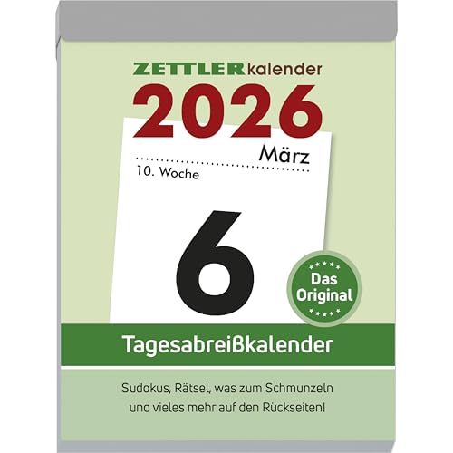 Zettler Tagesabreißkalender XL 2026 – Abreißkalender 8 × 11 cm, 1 Tag pro Seite mit Sudoku, Rezepten, Rätseln & Tipps auf den Rückseiten, FSC-zertifiziert
