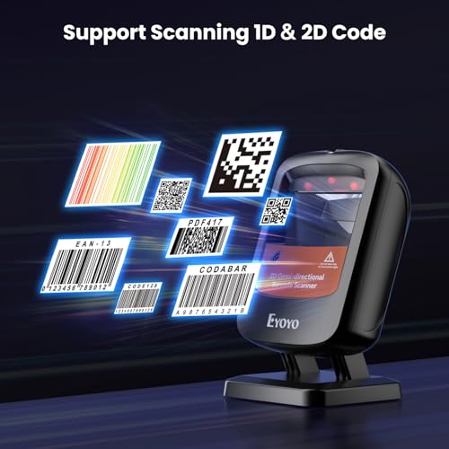 Eyoyo 1D 2D Desktop Barcode Scanner, Omnidirektionaler USB Kabelgebundener Freisprech-Barcodeleser QR Code Data Matrix Barcode Leser mit automatischem Scannen für den Einzelhandel