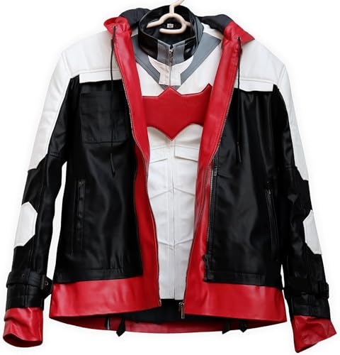 Image of Black Hood Bat Jacket and Vest - Red Hooded Leather Jacket 2 in 1