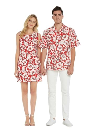 Image of Matchable Couple Hawaiian Luau Men Shirt or Women Tank Dress in Classic Vintage Hibiscus