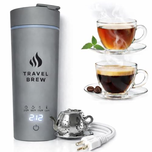 TRAVEL BREW Portable Travel Kettle with Tea Infuser- Mini Electric Kettle with 4 Temperature Settings, with Auto Shut-Off & Boil Dry Protection (Gray)