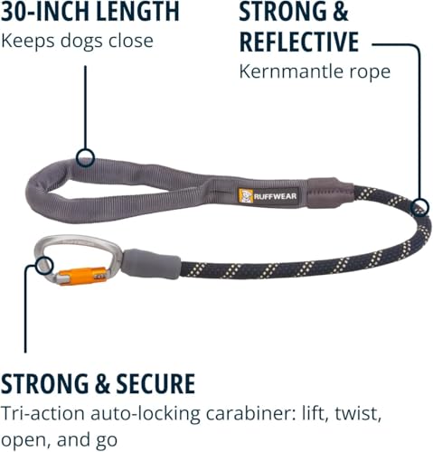 RUFFWEAR Knot-a-Long Kurze Hundeleine, kein Ziehen, 0,7 m Lange Hundeleine mit gepolstertem Griff, leichte und robuste Hundeleine, Anti-Tangle- und Anti-Pull-Hundetrainingsleine, Obsidianschwarz