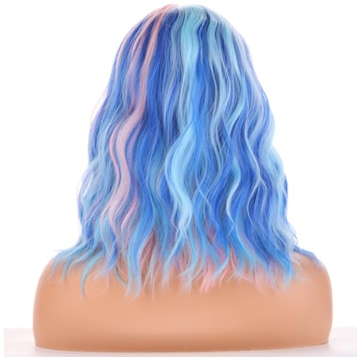 Image of BERON Blue and Pink Wigs for Women Short Curly Bob Wavy Wig Girls Colorful Body Heat Resistant Synthetic Hair Wig Cosplay Daily Party Wigs