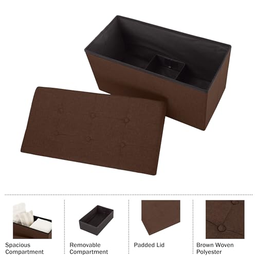 Image of Lavish Home Folding Storage Ottoman - Set of 2 30-Inch Tufted Footrest, Linen Chest, or Bench with Removable Bin for Living Room, Bedroom, or Dorm (Brown)
