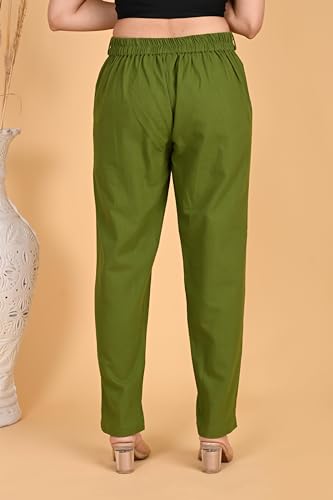 Image of Women's Solid Straight Fit 100% Cotton Trousers | High Waist, Side Pockets, Ankle Length Pants for Office, Casual