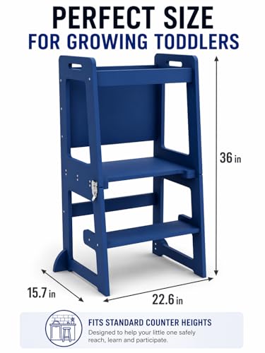 Image of Avenlur Toddler Tower, Date 4-in-1 Kitchen & Learning Tower (Blue) | Avenlur Date 4-in-1 Kitchen Tower doubles as a kitchen stool for toddlers, montessori tower, and toddler tower table.