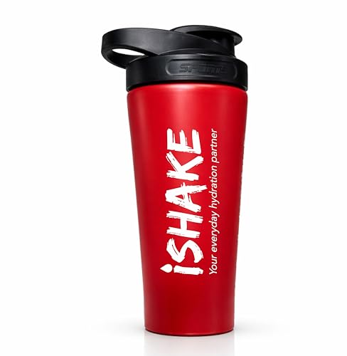 Image of Stainless Steel Protein Shaker Bottle, 100% Leakproof Metal Gym Shaker, Durable Steel Gym Sipper Bottle for Smooth Protein Mixing with Measurement 700 ml (Red)